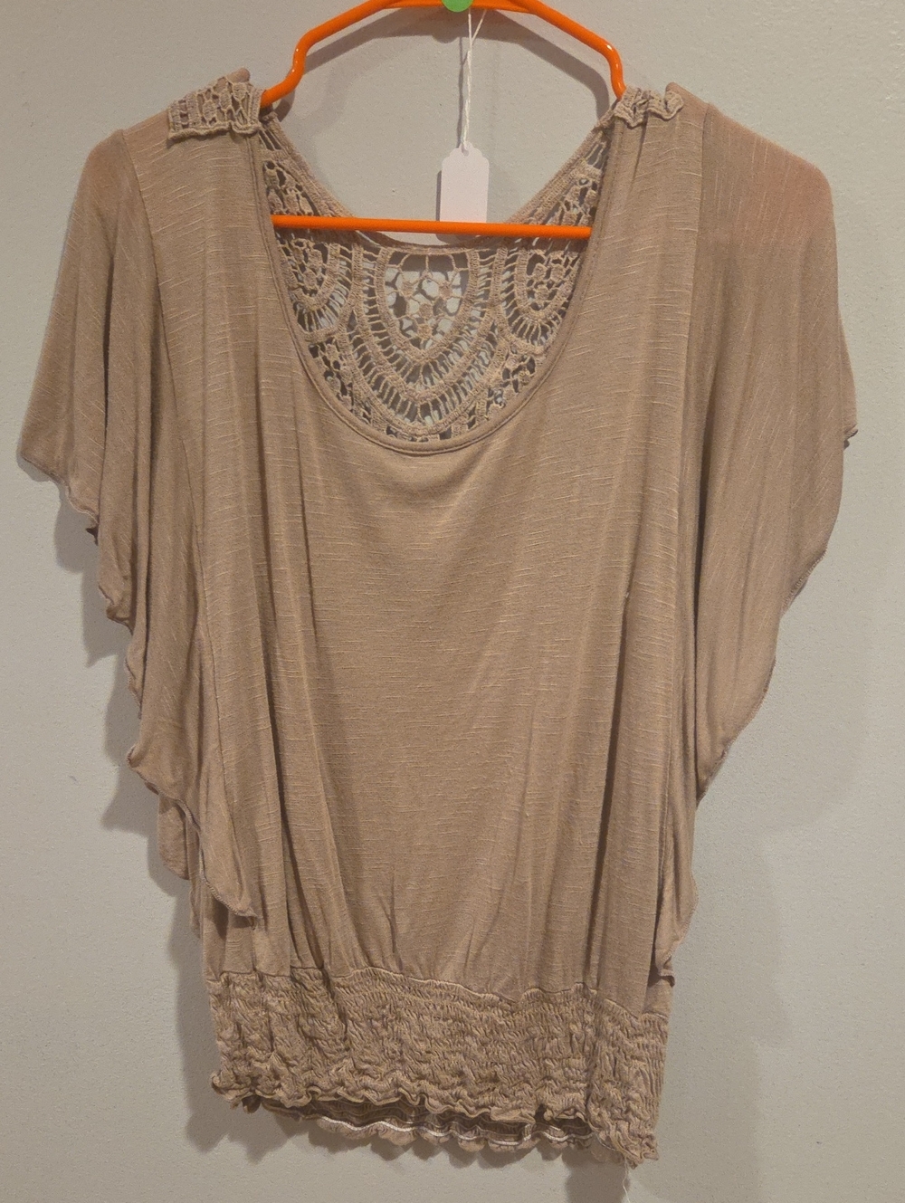 #22 Lavish Taupe Crochet-Back Flutter Sleeve Tunic